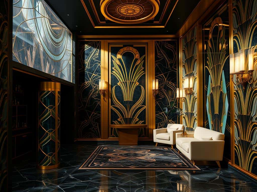 Art Deco luxury elements with geometric shapes and brass finishes