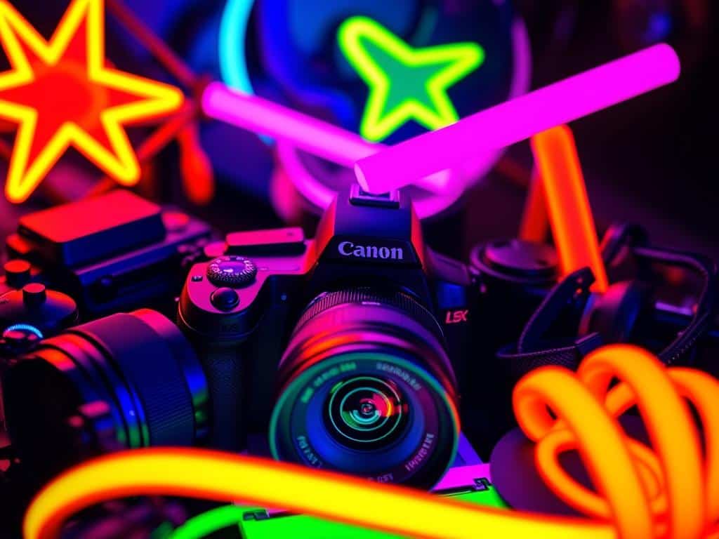 DSLR cameras and neon props for black light photography